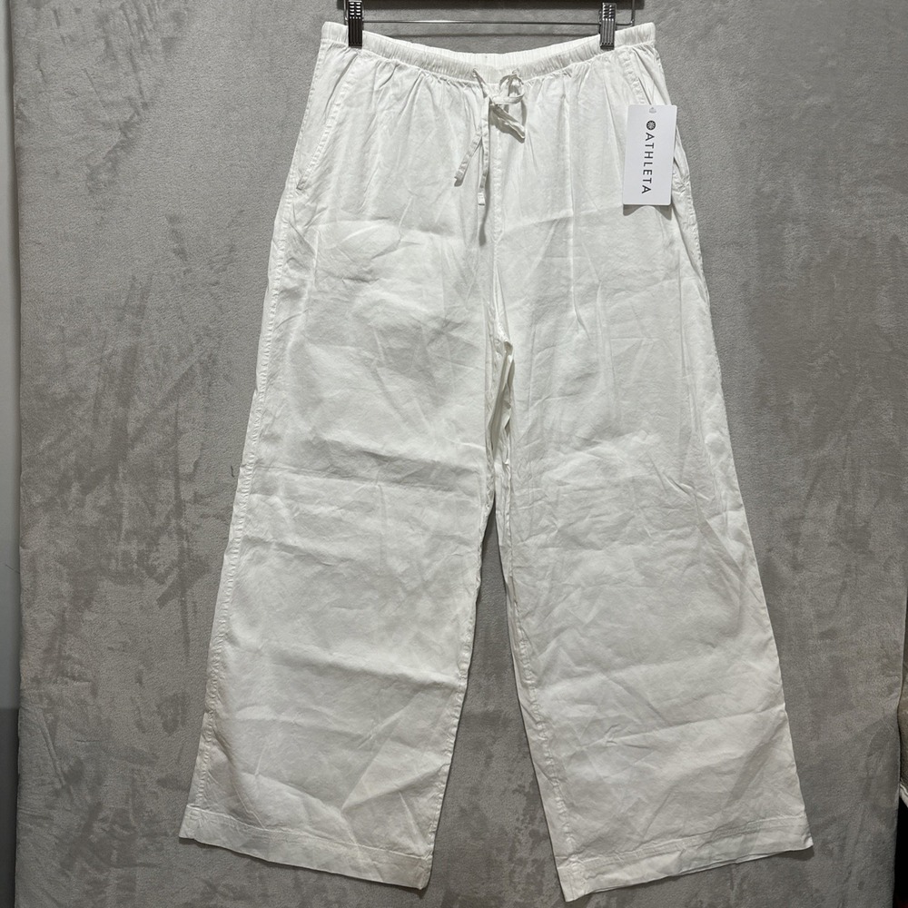Athleta Paradise Wide Leg Pants White Women's Size M Linen Blend NWT